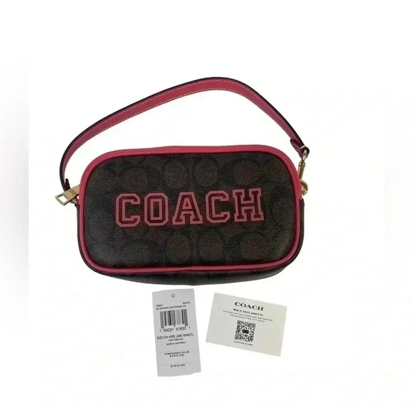 Coach Signature Canvas Varsity Jamie Small Pouch Wristlet in Brown/Watermelon - Picture 1 of 12